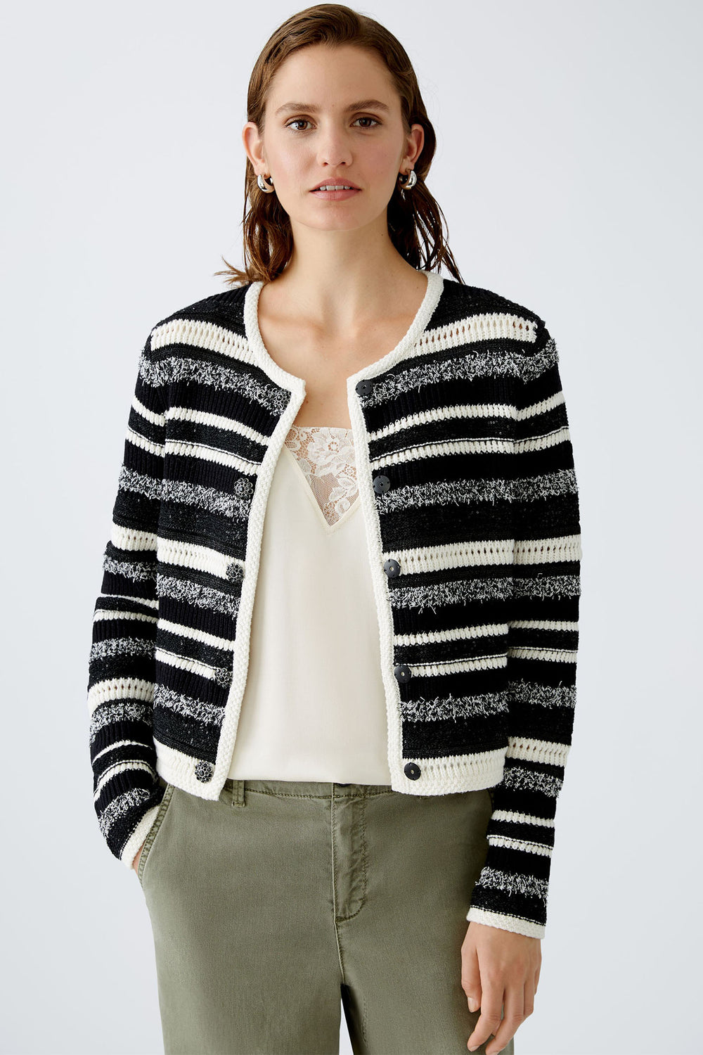 Oui Cardigan Striped White Black 90616 0109 - Olivia Grace Fashion