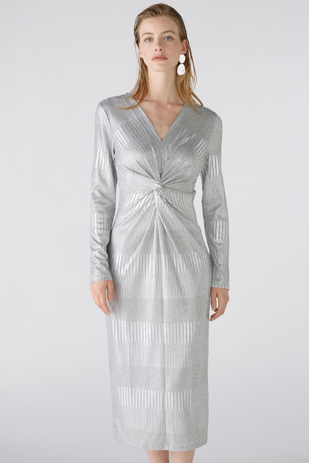 Oui Dress Silver Gunmetal Shimmer Long Sleeve Knot Front 89030-9674 - Olivia Grace Fashion