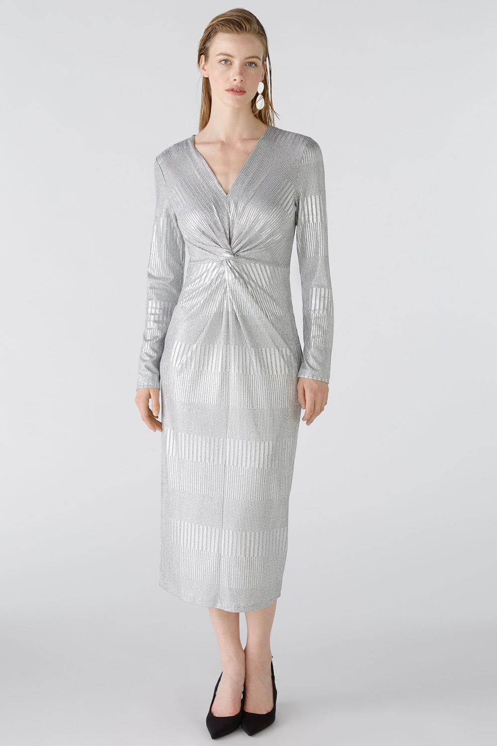 Oui Dress Silver Gunmetal Shimmer Long Sleeve Knot Front 89030-9674 - Olivia Grace Fashion