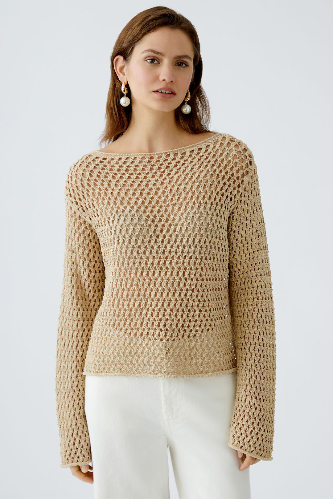 Oui Jumper Light Stone Boat Neck Mesh Knit 92221 7222 - Olivia Grace Fashion