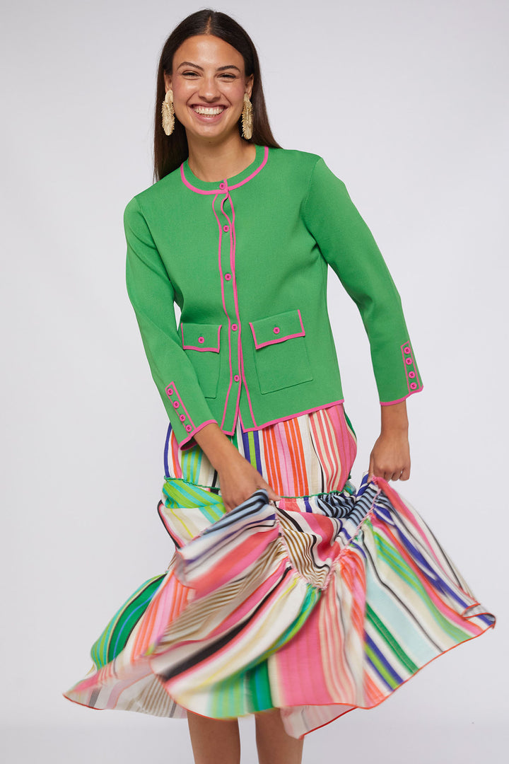 Vilagallo 30900 Green Pink Detailing Round Neck Cardigan - Olivia Grace Fashion