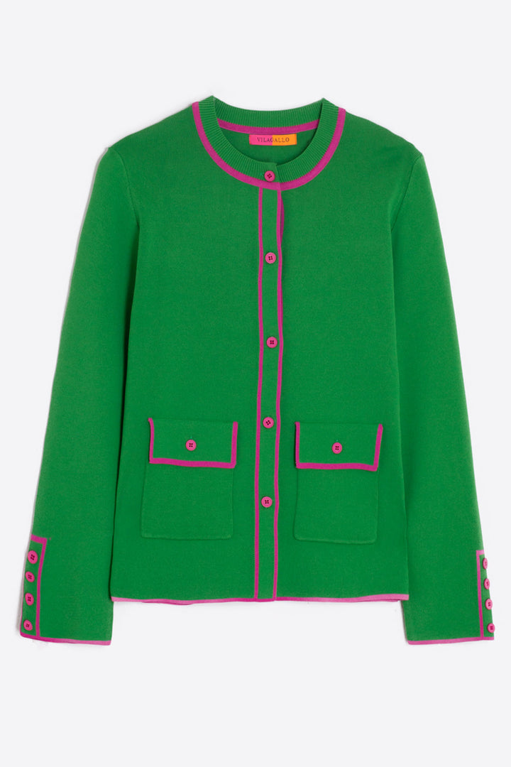 Vilagallo 30900 Green Pink Detailing Round Neck Cardigan - Olivia Grace Fashion