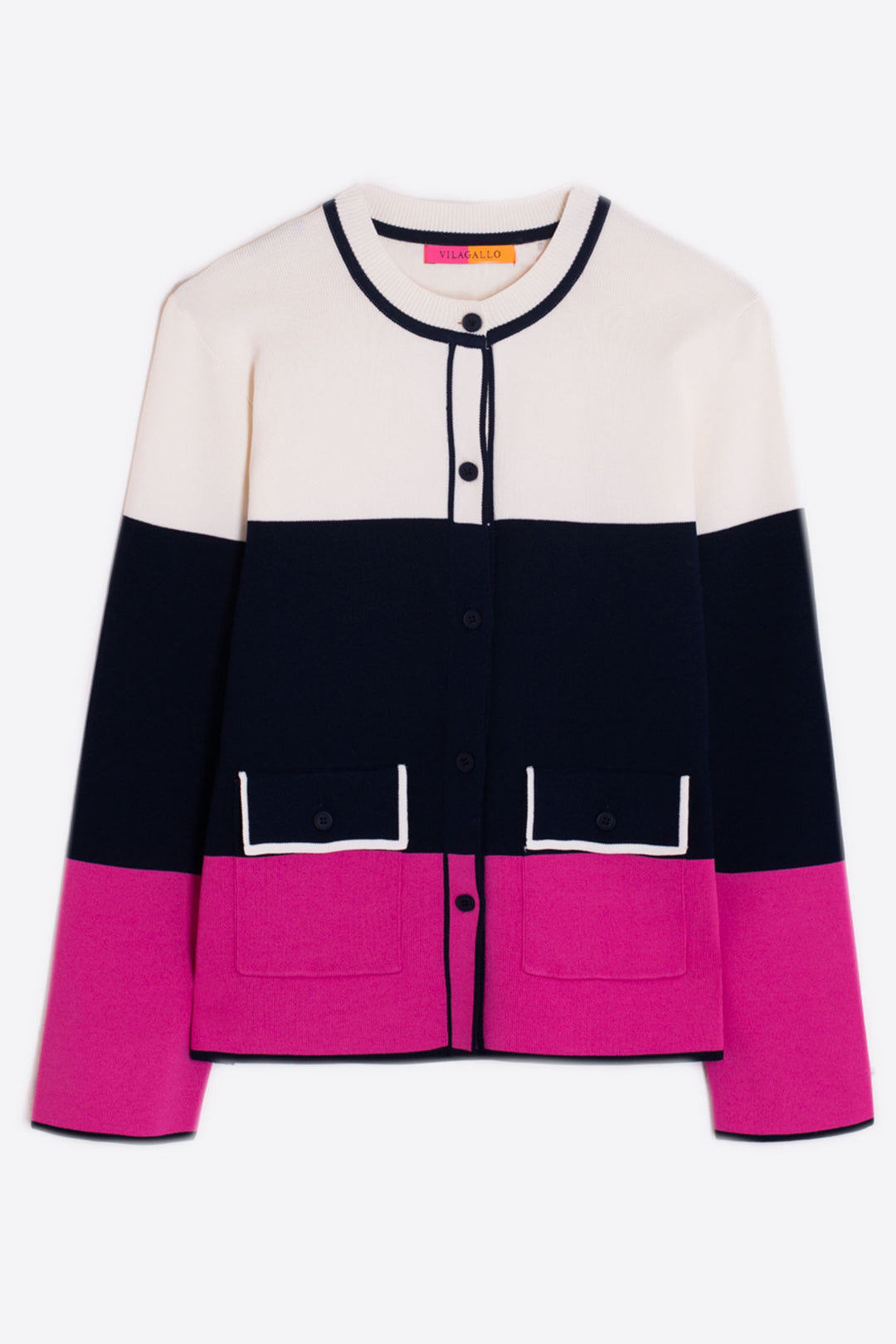 Vilagallo 30902 Cream Navy Pink Block Colour Round Neck Cardigan - Olivia Grace Fashion