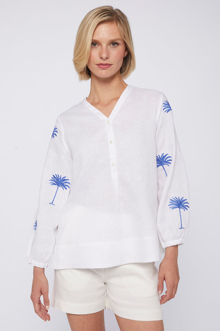 Vilagallo 30984 White Embroidered Sleeve V-Neck Blouse - Olivia Grace Fashion
