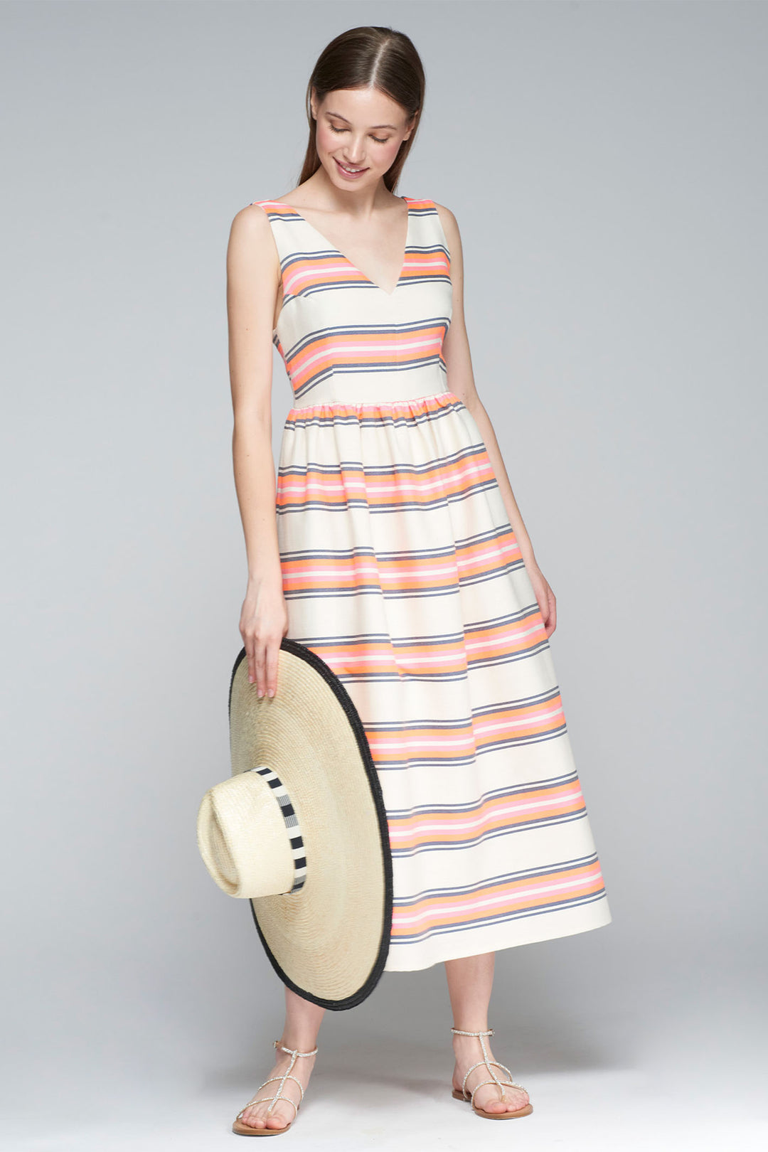 Vilagallo Dress Midi Length Cream Orange Stripe 32262 - Olivia Grace Fashion