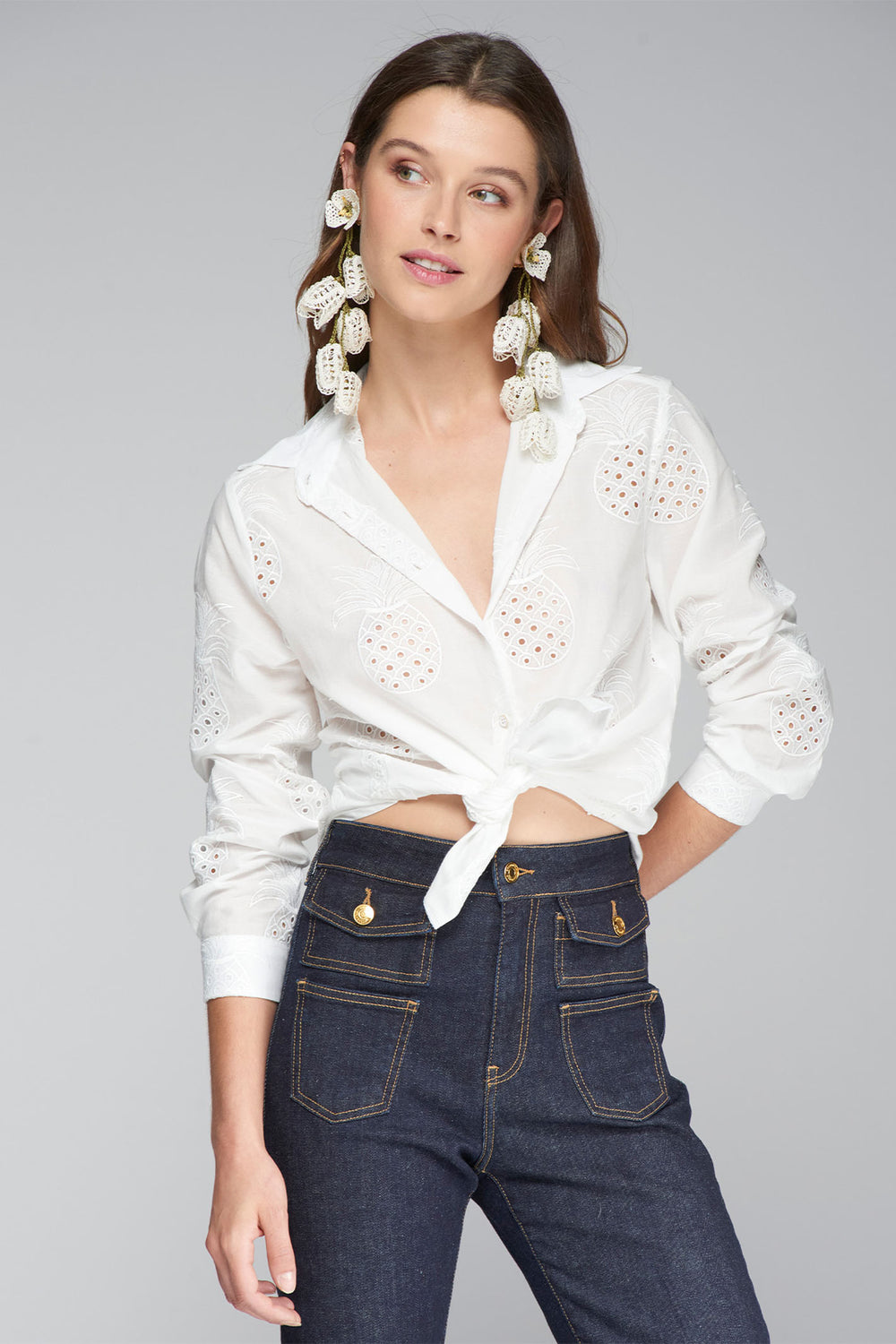 Vilagallo Shirt Pineapple Embroidery White 32434 - Olivia Grace Fashion