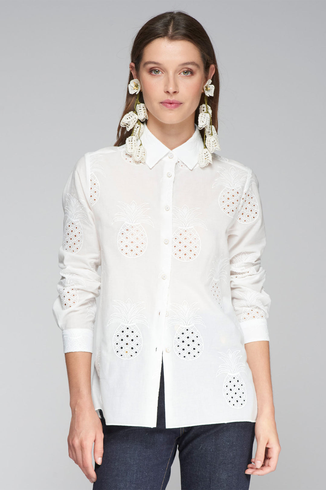 Vilagallo Shirt Pineapple Embroidery White 32434 - Olivia Grace Fashion