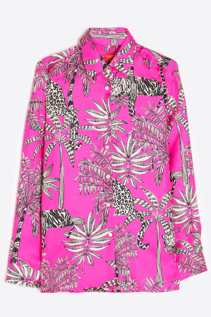 Vilagallo Shirt Silk Fuchsia Pink Palm Cat Print 31949 - Olivia Grace Fashion