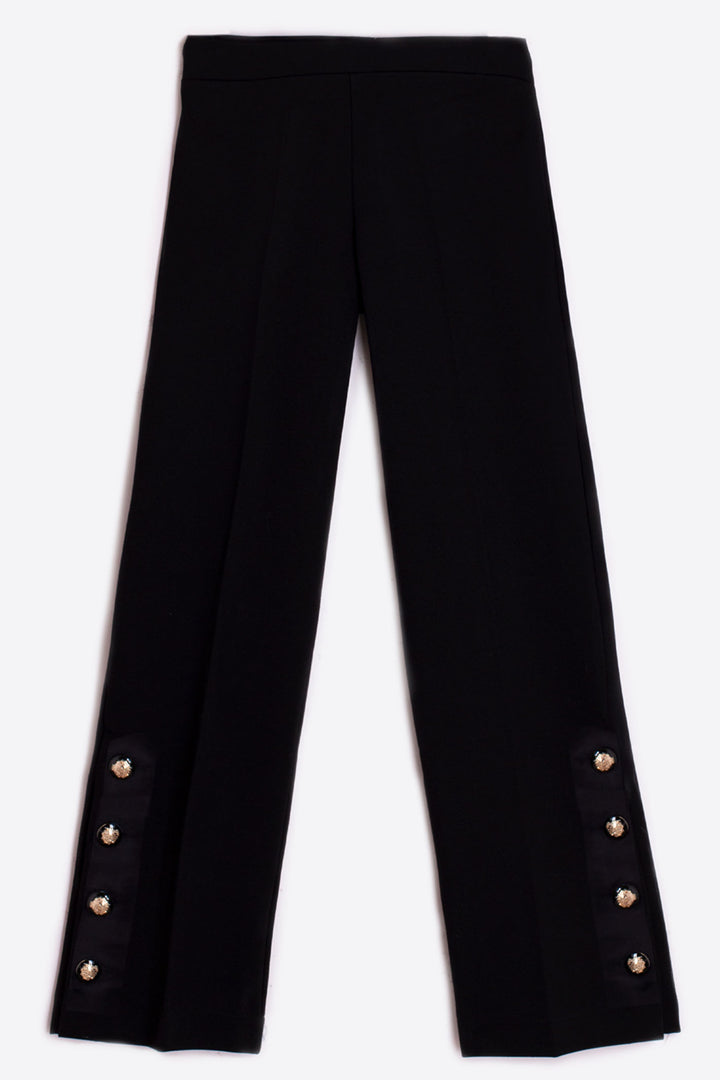 Vilagallo Trousers Black Pull-On Button Hem Detail 31827 - Olivia Grace Fashion