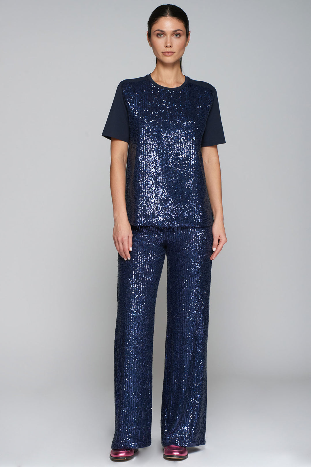 Vilagallo Trousers Navy Sequin Wide Leg 31627