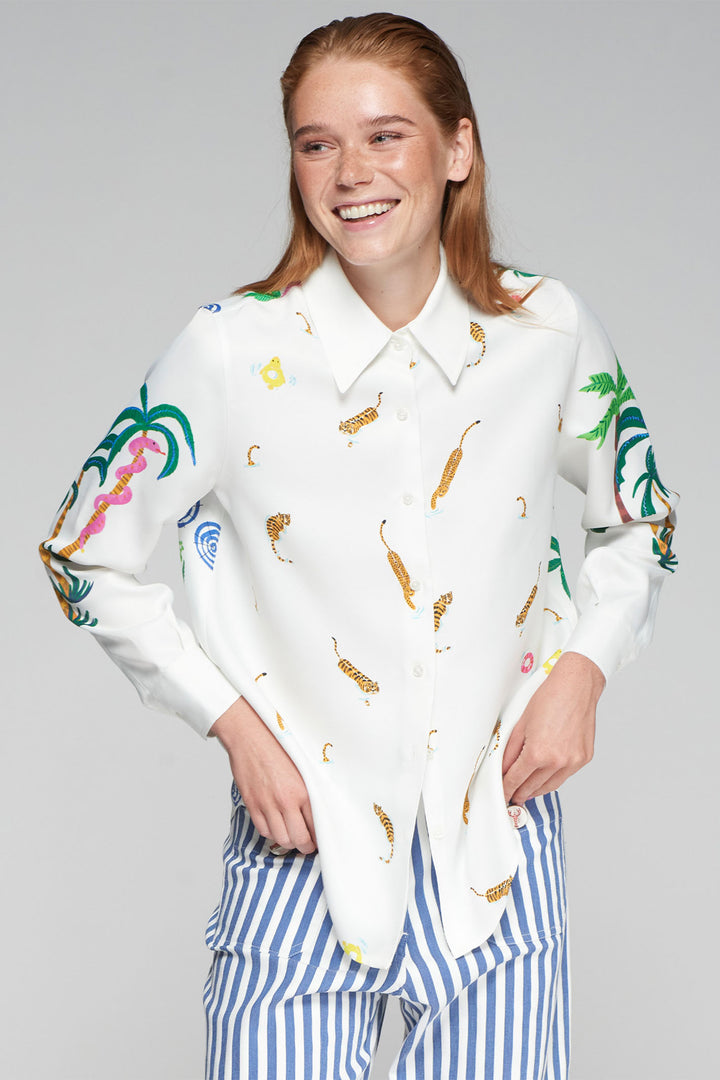 Vilagallo White Tropical Tigers Print Shirt 32569 - Olivia Grace Fashion