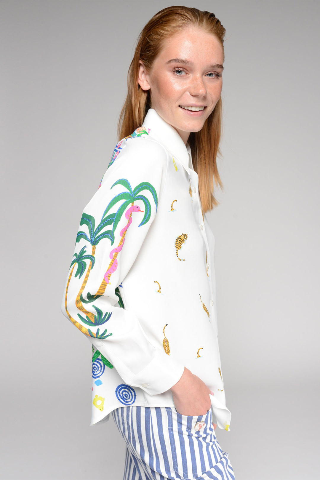 Vilagallo White Tropical Tigers Print Shirt 32569 - Olivia Grace Fashion