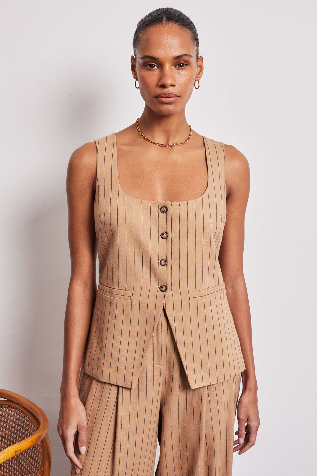 Vivere London Isabella Pinstripe Linen Mix Waistcoat Beige VIV-203 - Olivia Grace Fashion