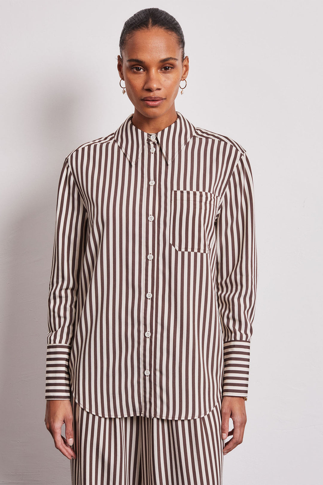 Vivere London Lois Striped Easy Shirt Brown cream VIV-195 - Olivia Grace Fashion