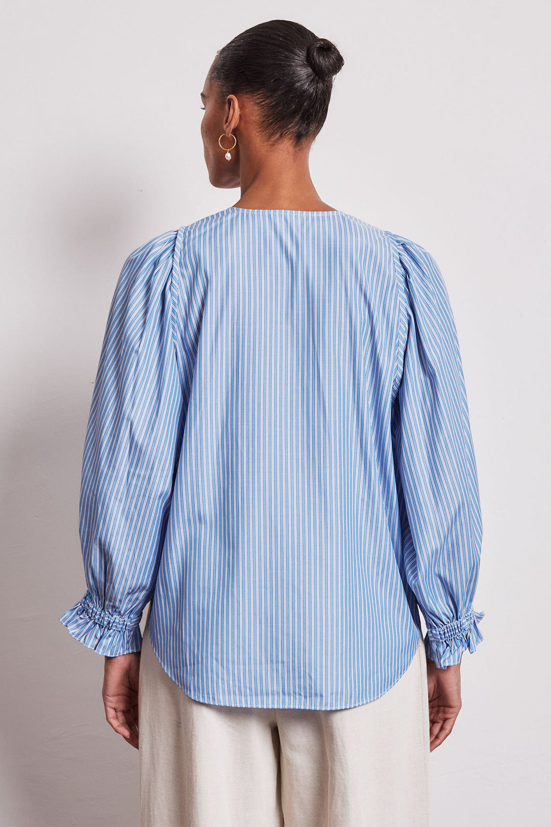 Vivere London Remi Striped V-Neck Gathered Cuff Shirt Blue VIV-210 - Olivia Grace Fashion