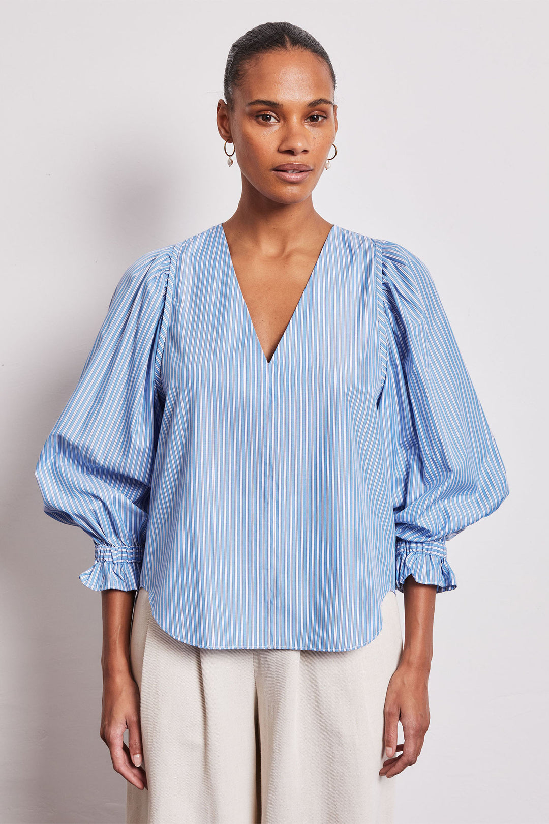 Vivere London Remi Striped V-Neck Gathered Cuff Shirt Blue VIV-210 - Olivia Grace Fashion