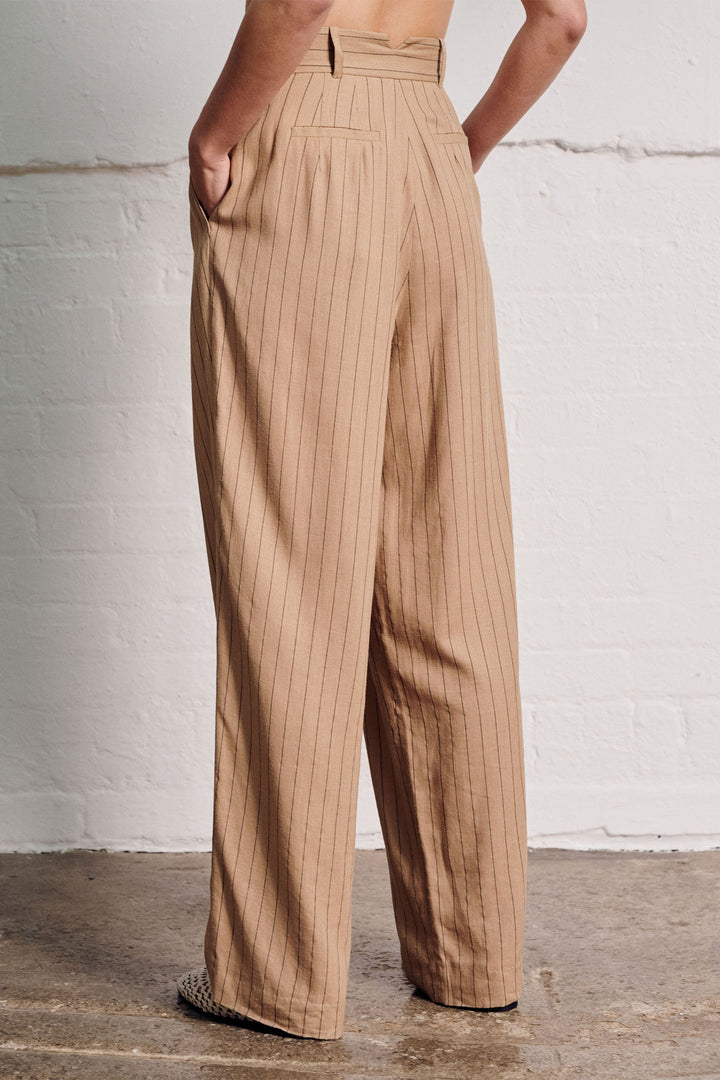 Vivere London Vivienne Pinstripe Linen Mix Trousers Beige VIV-196 - Olivia Grace Fashion