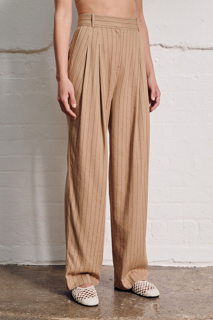 Vivere London Vivienne Pinstripe Linen Mix Trousers Beige VIV-196 - Olivia Grace Fashion