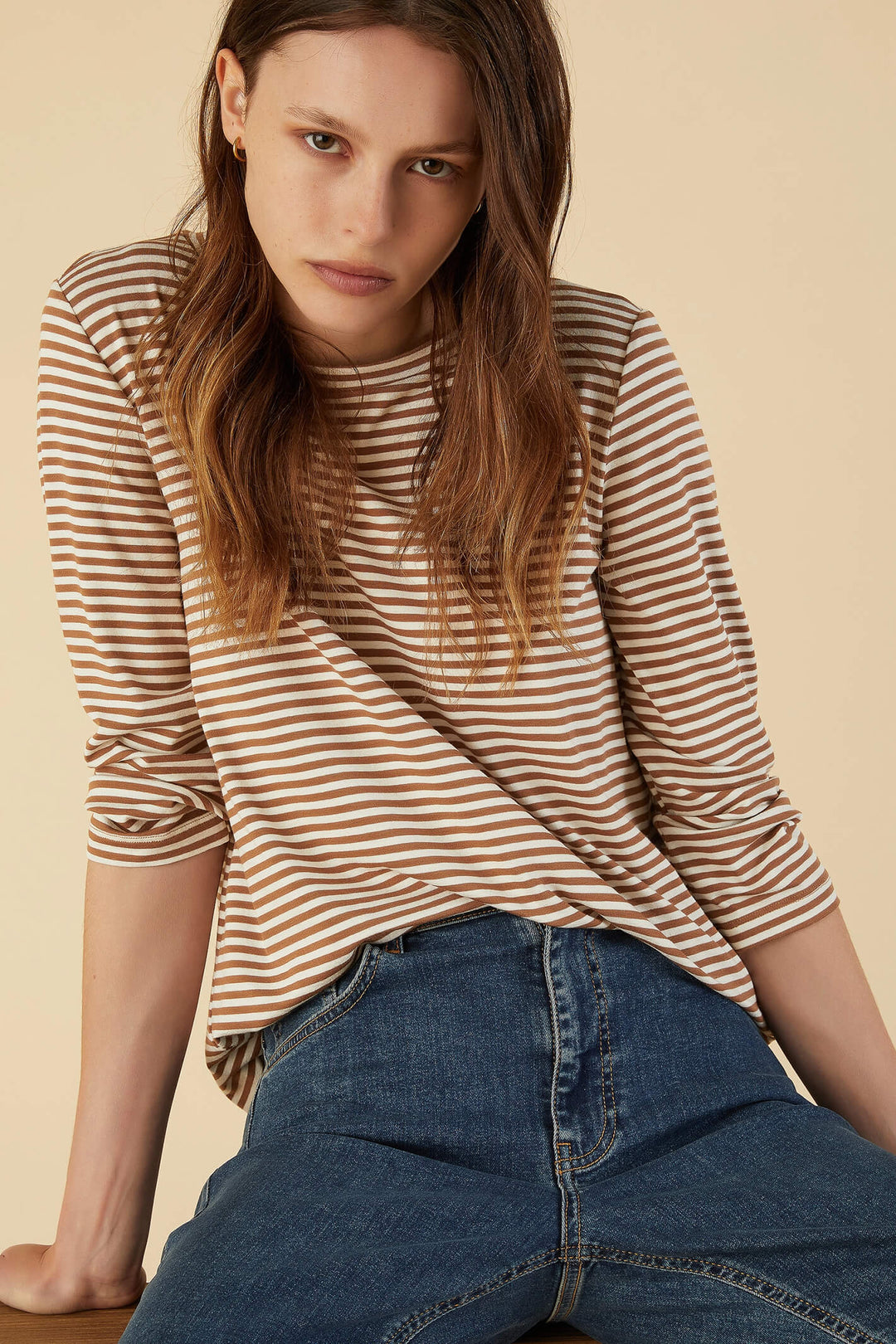 Emme Scalo 2359710635200 Camel Brown Striped Long Sleeve T-Shirt - Olivia Grace Fashion