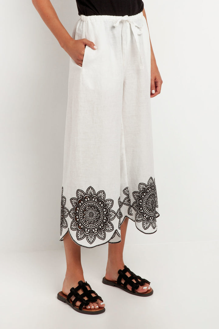 Greek Archaic Kori 210138 White Black Cut Daisy Linen Trousers - Olivia Grace Fashion
