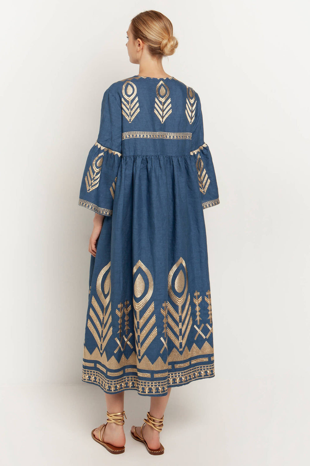 Greek Archaic Kori 230549 Indigo Gold Long Feather Bell Sleeve Dress - Olivia Grace Fashion