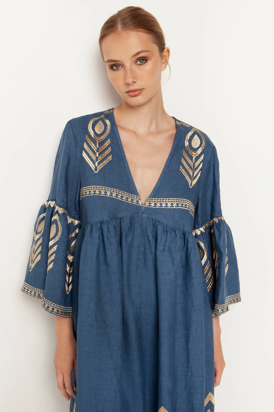 Greek Archaic Kori 230549 Indigo Gold Long Feather Bell Sleeve Dress - Olivia Grace Fashion