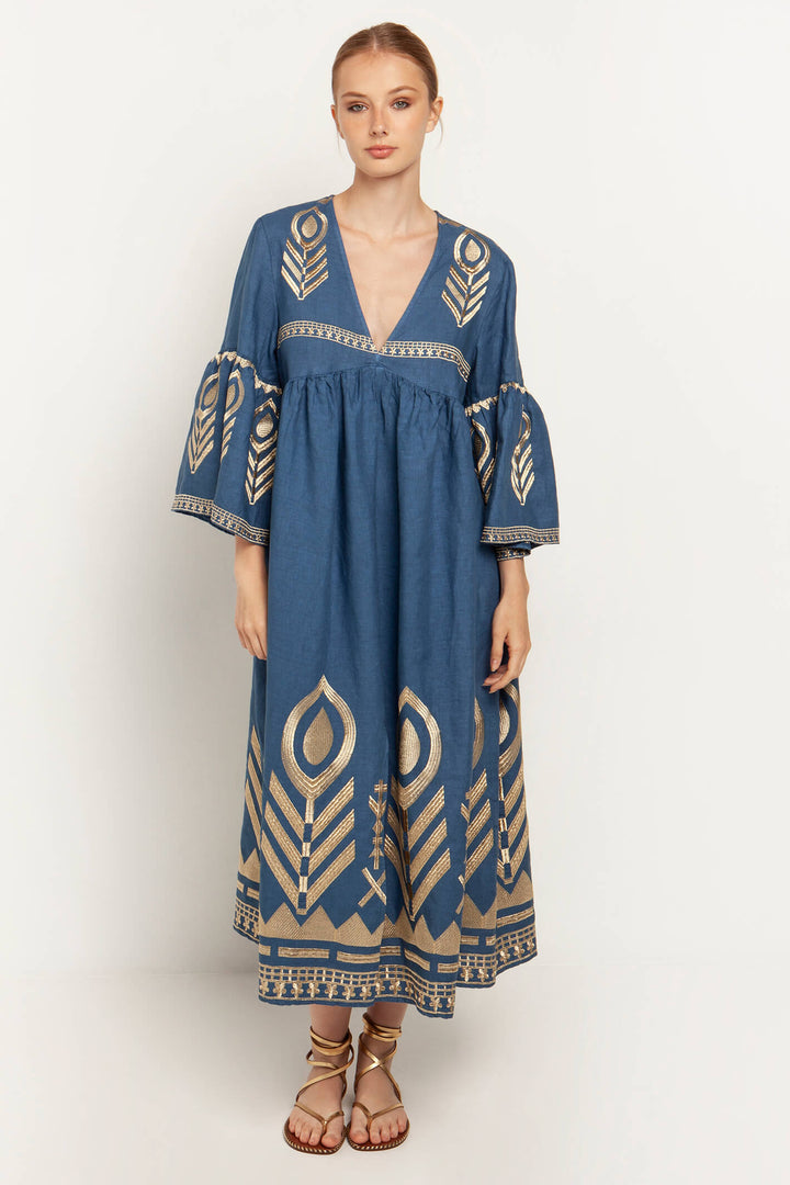 Greek Archaic Kori 230549 Indigo Gold Long Feather Bell Sleeve Dress - Olivia Grace Fashion