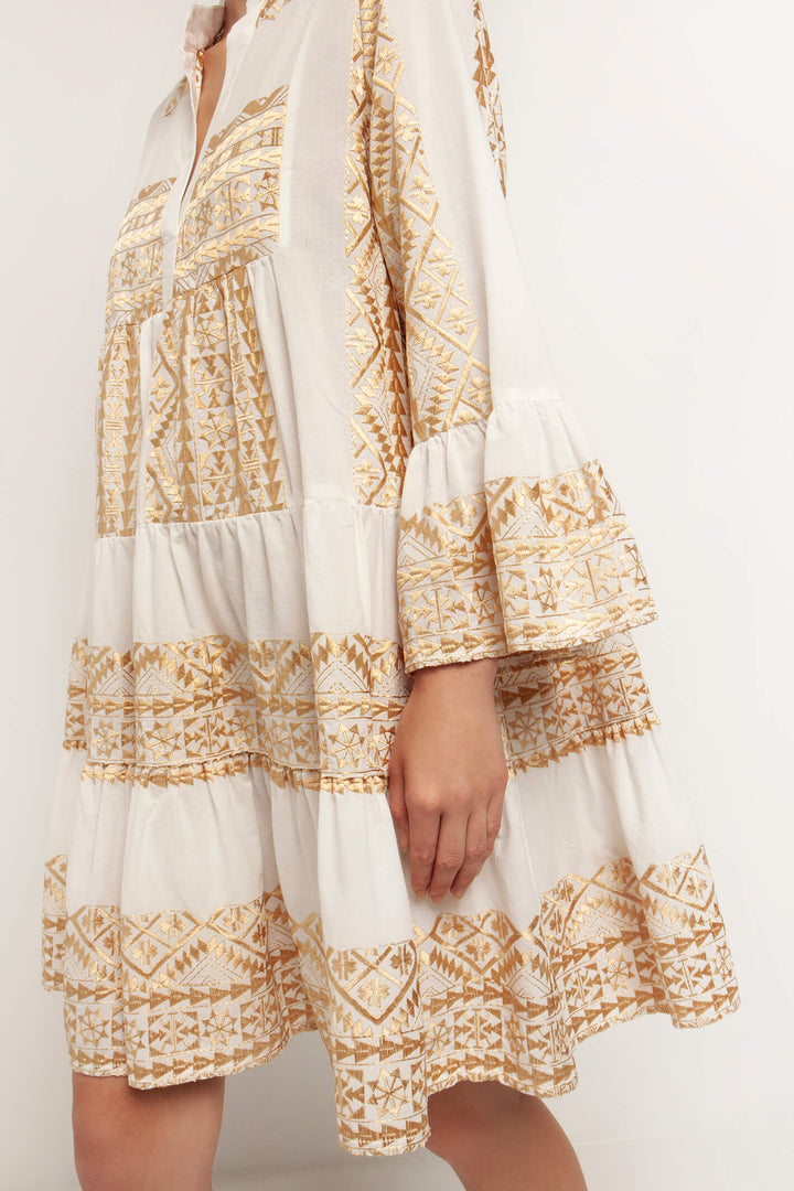 Greek Archaic Kori 230631 White Gold Cotton Dress - Olivia Grace Fashion