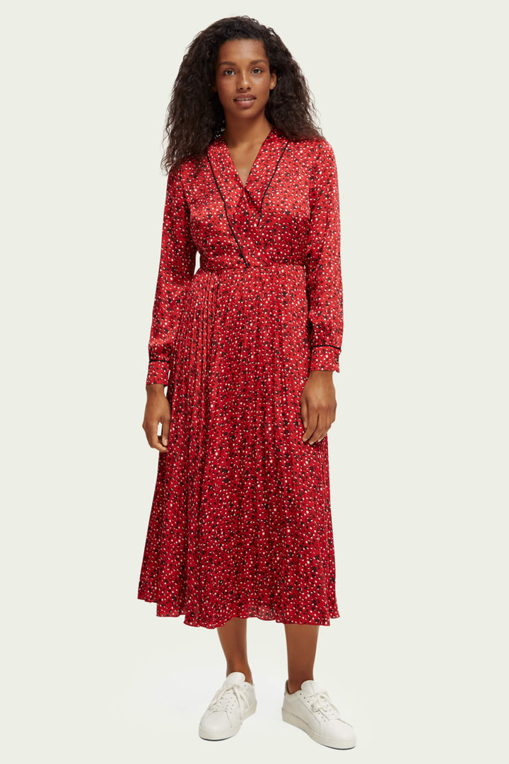 Maison Scotch 169573 Space Floral Scarlett Red Pleated Maxi Dress - Olivia Grace Fashion