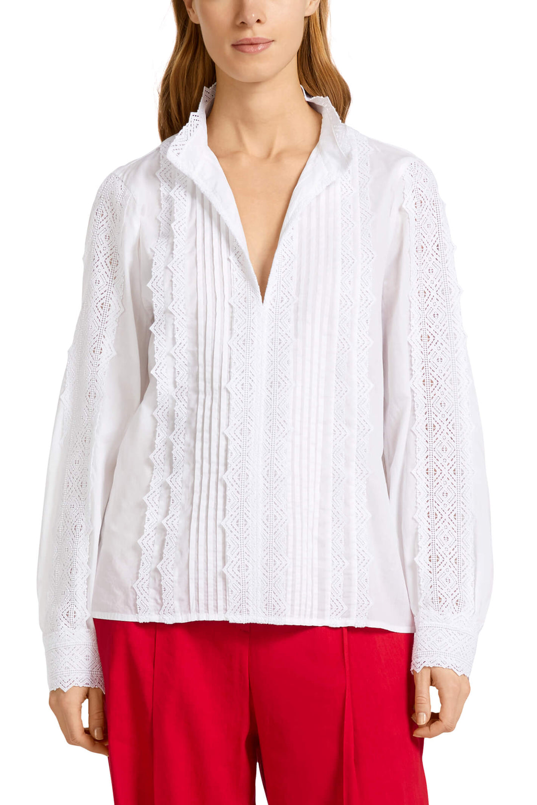 Marc Cain Collection UC 51.36 W94 White Lace Panel Shirt Top - Olivia Grace Fashion