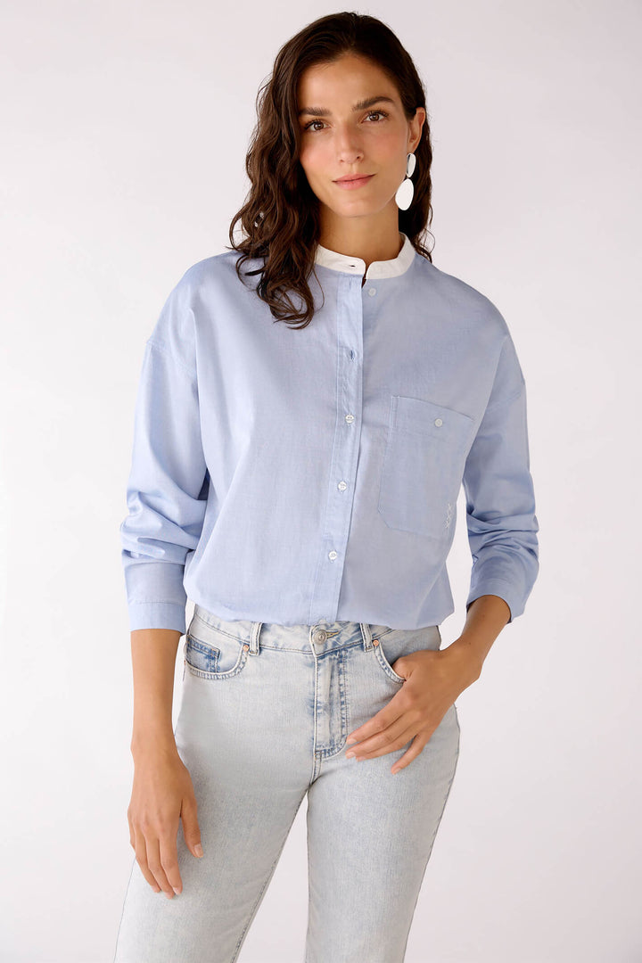 Oui 78229 Blue Collarless Shirt Blouse - Olivia Grace Fashion