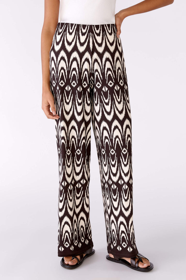 Oui 78555 Dark Brown Print Silky Wide Leg Trousers - Olivia Grace Fashion
