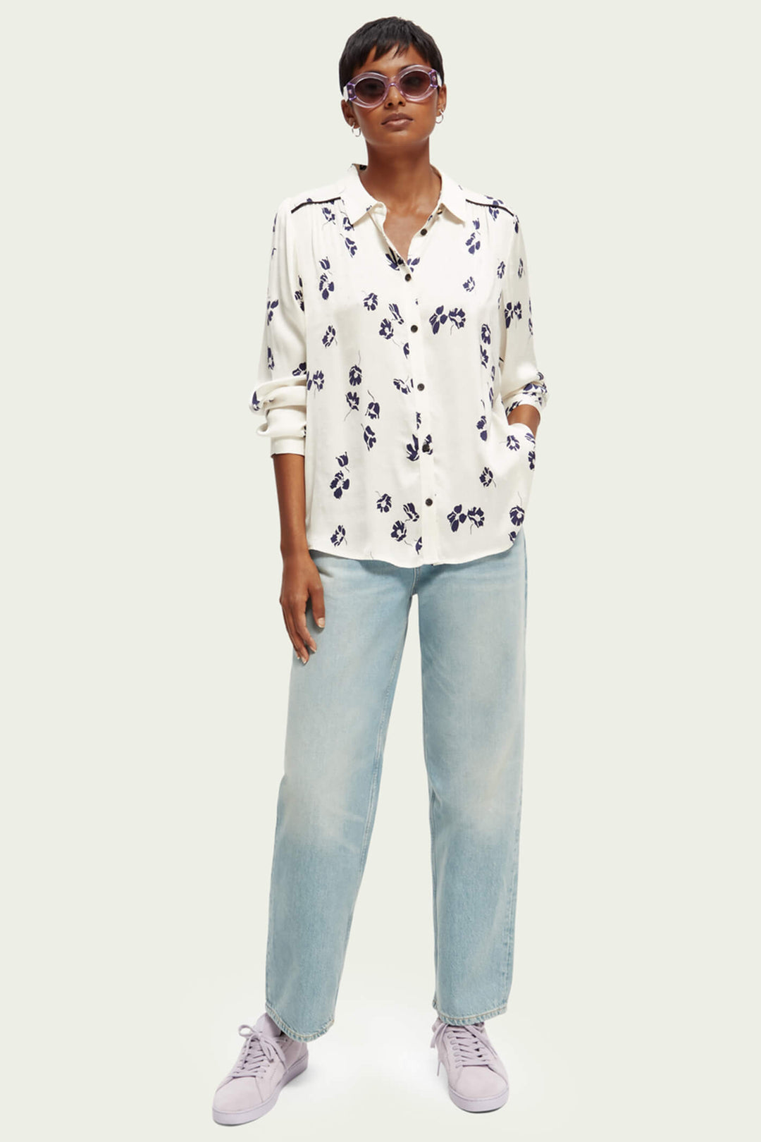 Scotch & Soda 171021 White Tulips Print Slim Fit Shirt - Olivia Grace Fashion